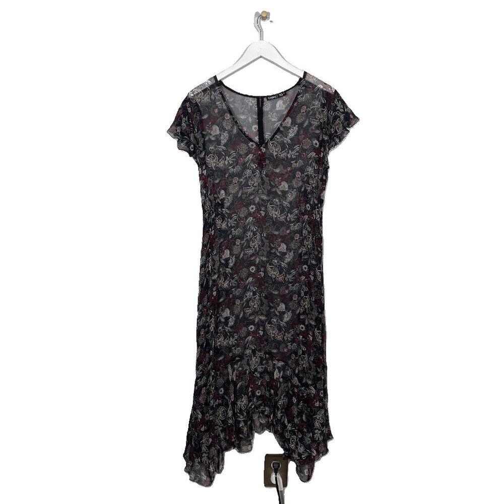 Gypsy 05 Women M Black Cream Red Floral Midi Dress Sheer Flutter Sleeve Hanky